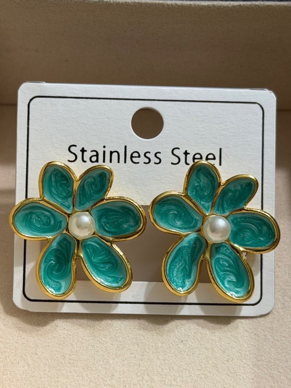 Vintage Golden Green Oil Drip Stainless Steel Enamel 6-Petal Irregular Earrings